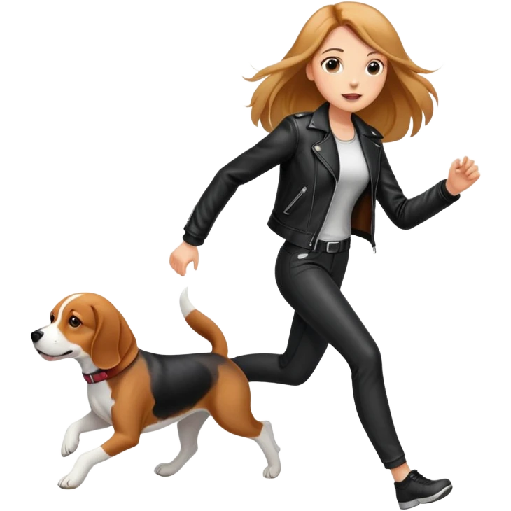 A beautiful tall girl with fair skin and long hair wearing a black leather jacket and black pants running with Beagle emoji