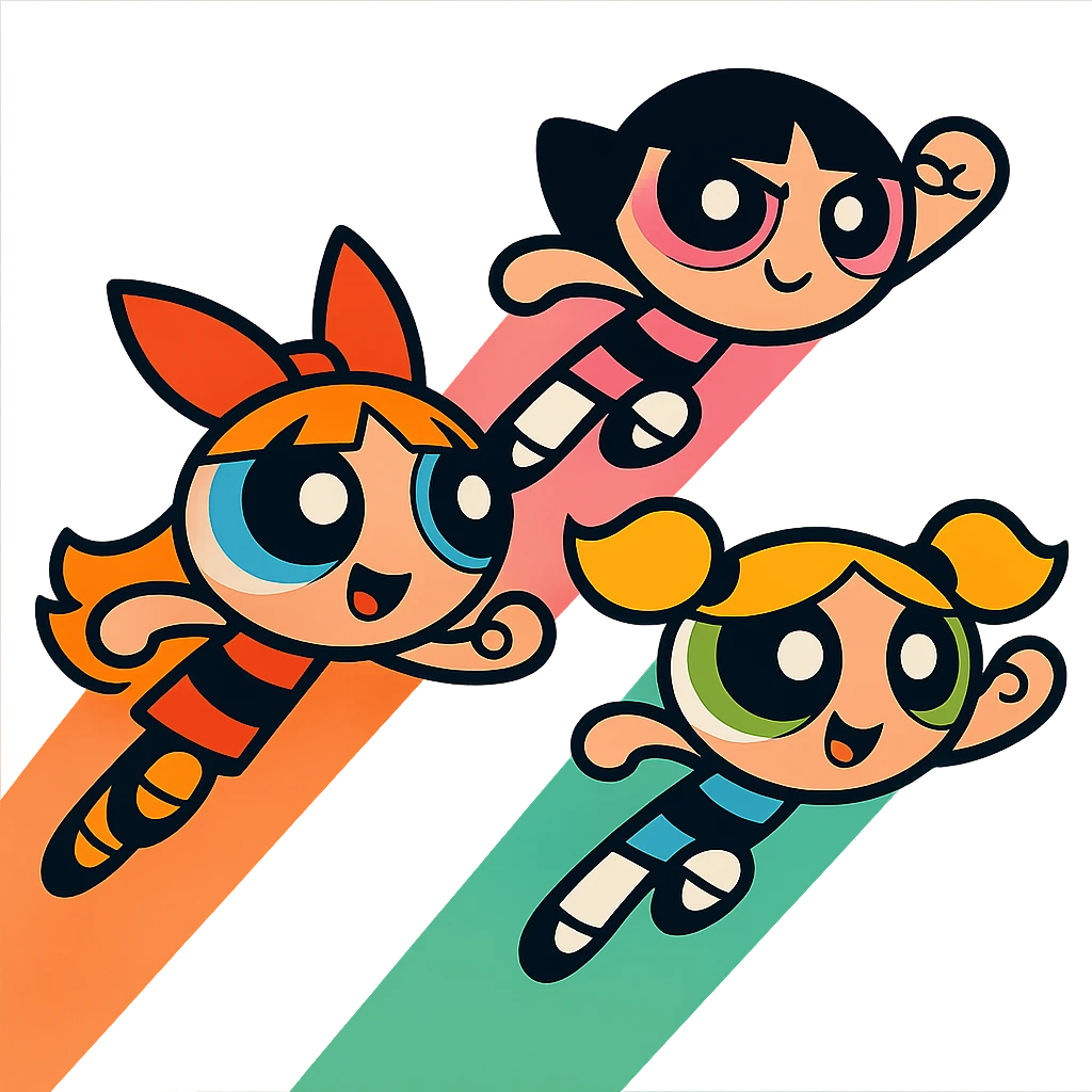 three superpowered girls flying, inspired by the Powerpuff Girls, vibrant cartoon style emoji