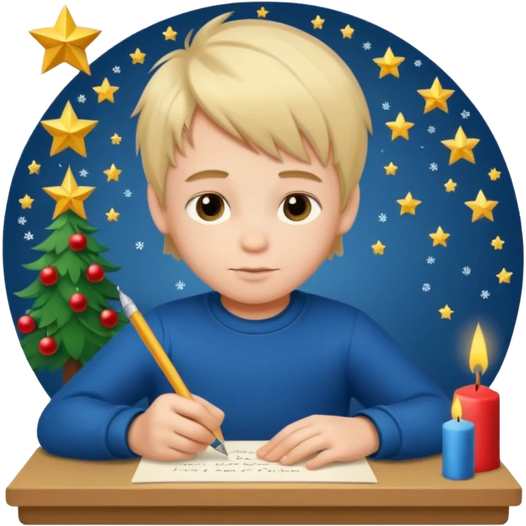 маленький мальчик со светлыми волосами переписывает желания на новый год на письмо emoji