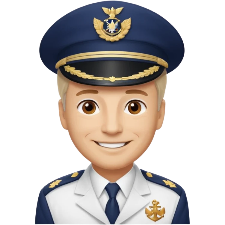 A light-skinned mid-aged man with brown eyes, smiling while wearing a white captain’s hat with a navy emblem. emoji