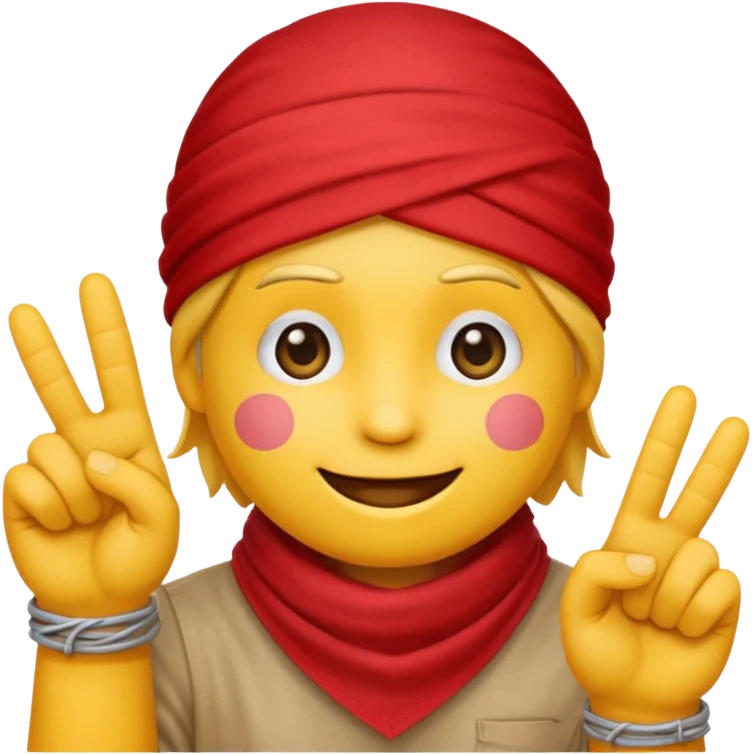 Regular yellow Emoji face holding 3 fingers and red bandana emoji