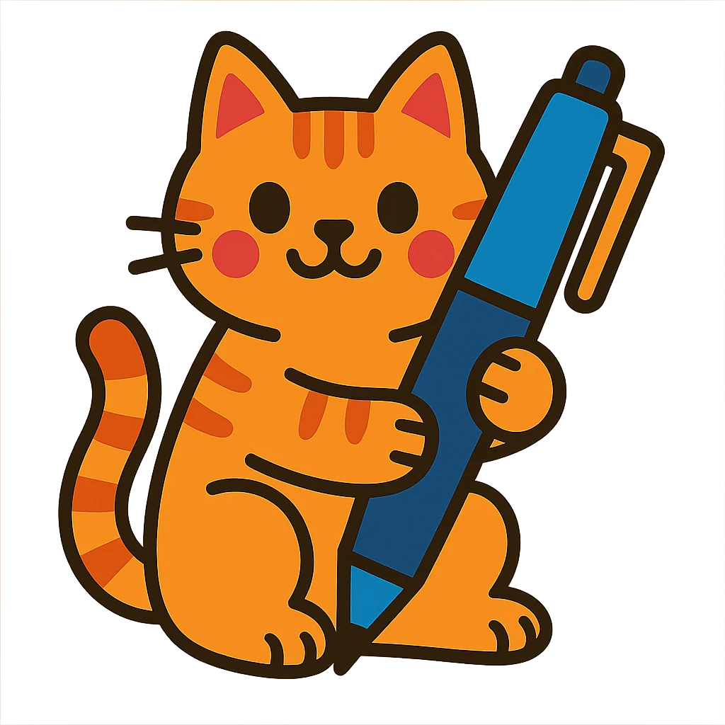 a cat holding a pen, fun and clear style, vibrant toon style emoji