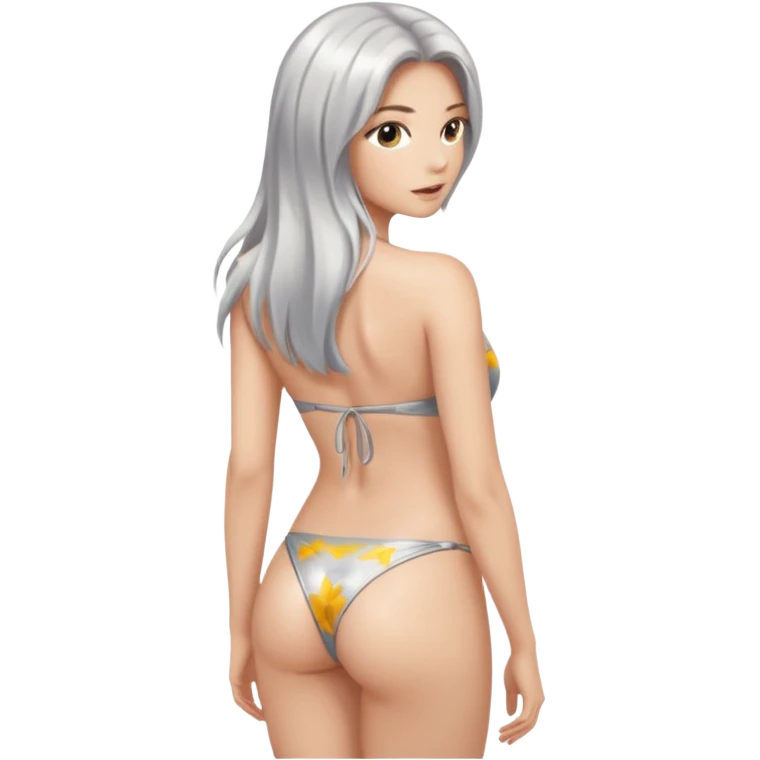 woman with light long hair in silvr bikini looking at the camera from back with sexy pose emoji