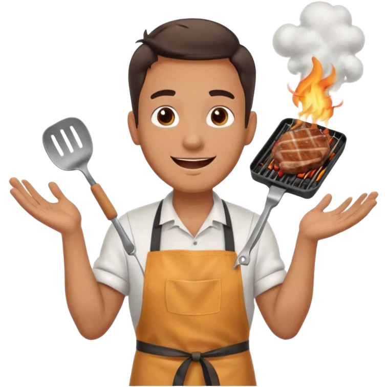 A cheerful man in an apron flipping meat on a sizzling grill with smoke puffing upward. emoji