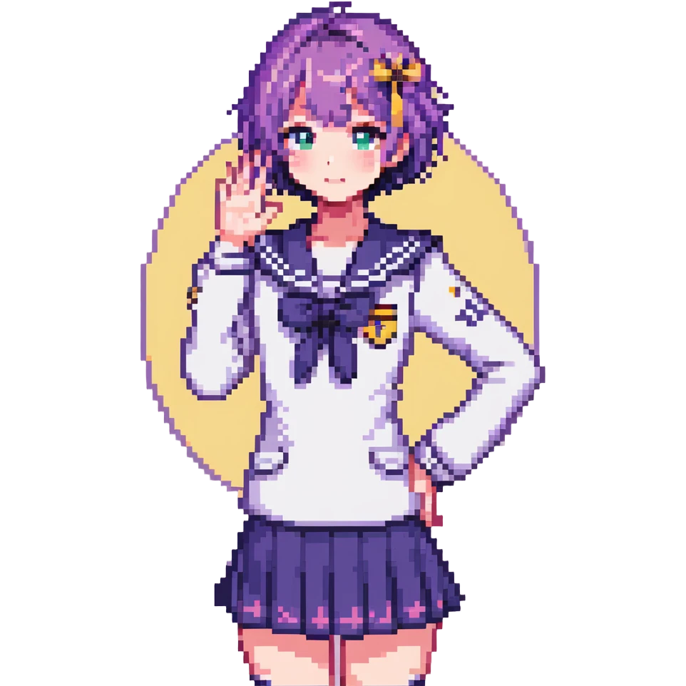 Pixel art anime schoolgirl with short bright purple hair in Japanese sailor uniform, standing with one hand on hip trying to look brave but shyly waving with pink blush across face emoji