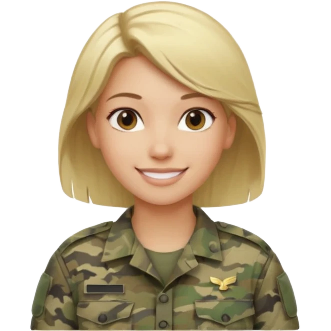 Apple-style emoji: female soldier, bust, no cap/helmet, friendly smile, generic camo top, blonde hair black color emoji