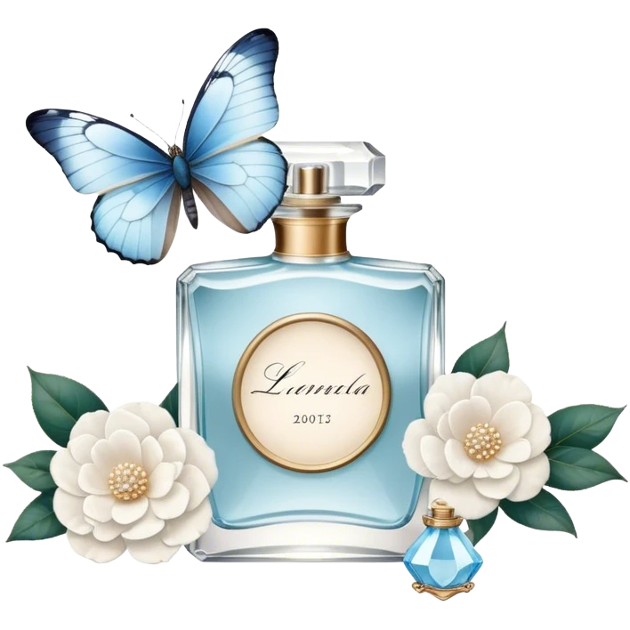 A nostalgic composition of an antique perfume bottle with a crystal stopper, an old love letter, and a single pale blue butterfly resting atop a white camellia.
 emoji