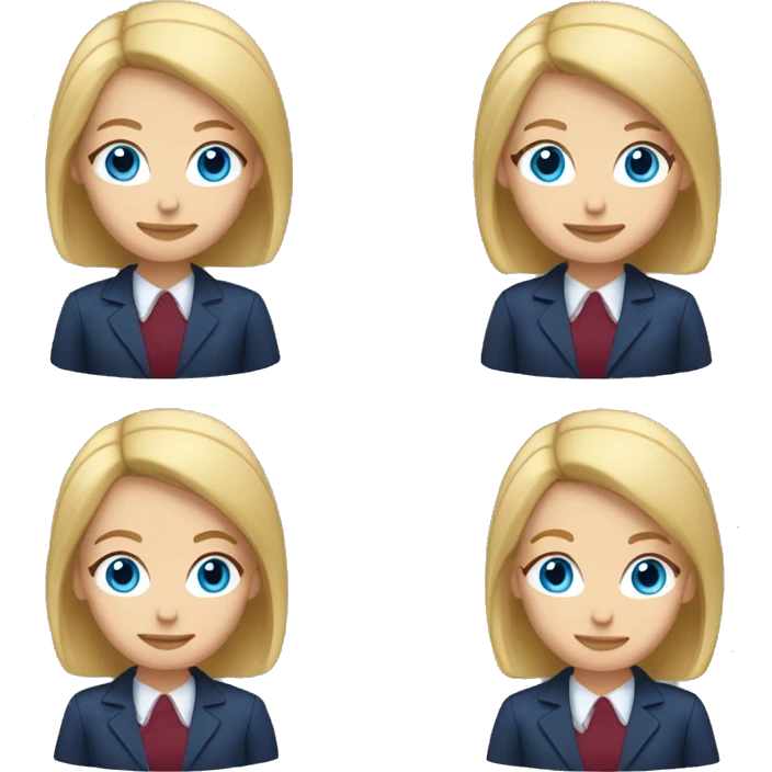 An adult girl, blue eyes, straight long bob blond hair, dark blue jacket suit, burgundy red office shirt. emoji