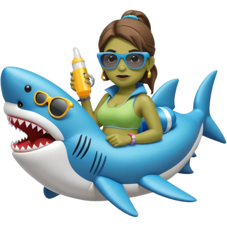 orc female sitting in an inflatable floatie shaped like a shark, wearing oversized sunglasses and a whistle on a neck cord, 2d emoji