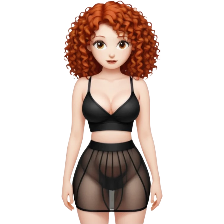 Naked red curly haired girl with very large big boobs and cleavage.  Thin waist and wide sexy hips.  Completely naked but wearing a see-thru black mesh very short mini-skirt emoji