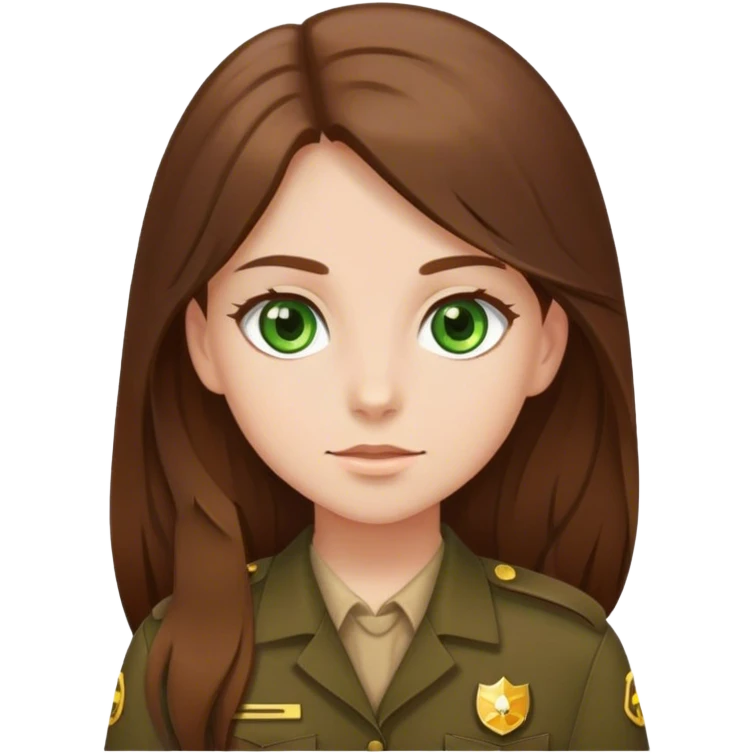 Chica pelo largo castaño ojos verdes piel clara y uniforme cafe  emoji