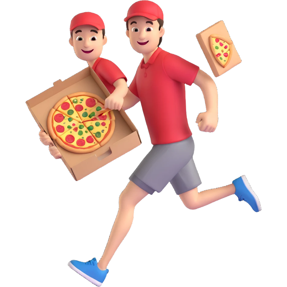 a man running with a pizza box in his hands, smiling, 3D cartoon style, exaggerated features emoji