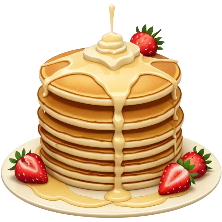 a stack of pancakes with melted white chocolate drizzle and strawberries emoji