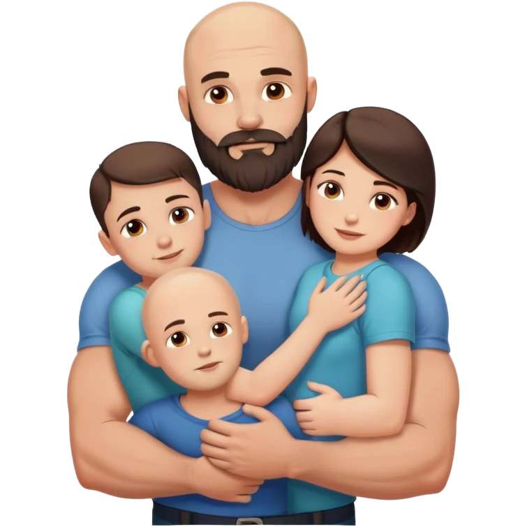 Muscular Bald man with a beard embracing his young beautiful brunette wife and their 3 sons emoji