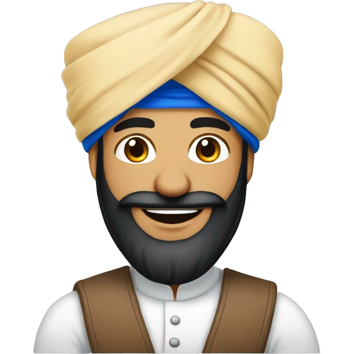 Cheerful Sikh man emoji with a blue turban is plane , friendly smile, kind eyes, black beard, minimalistic cartoon style, plain background. emoji