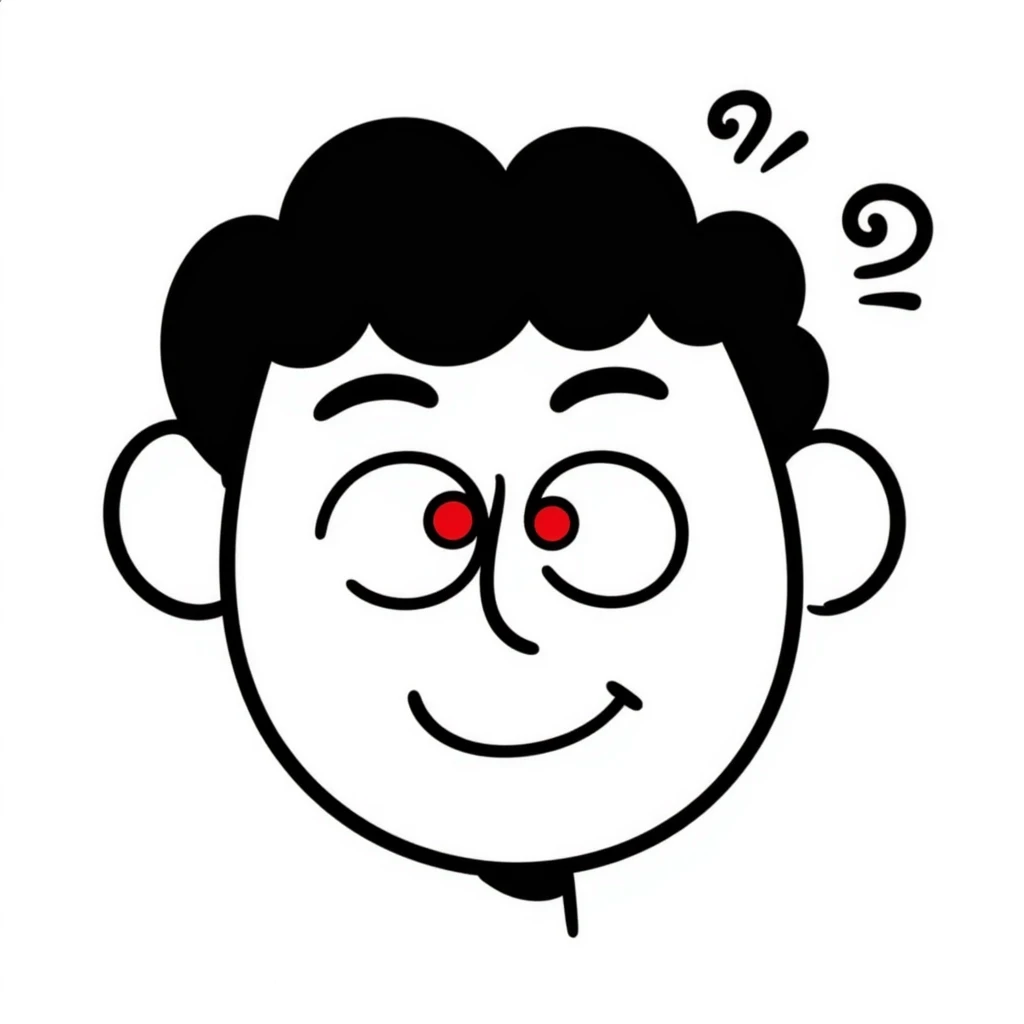 A hand-drawn face with squinted red eyes, a silly grin, and small spirals around the head to indicate being stoned emoji