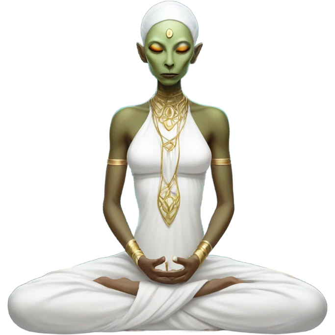 a Reptilian alien woman,in meditation, white dress like a priestess emoji
