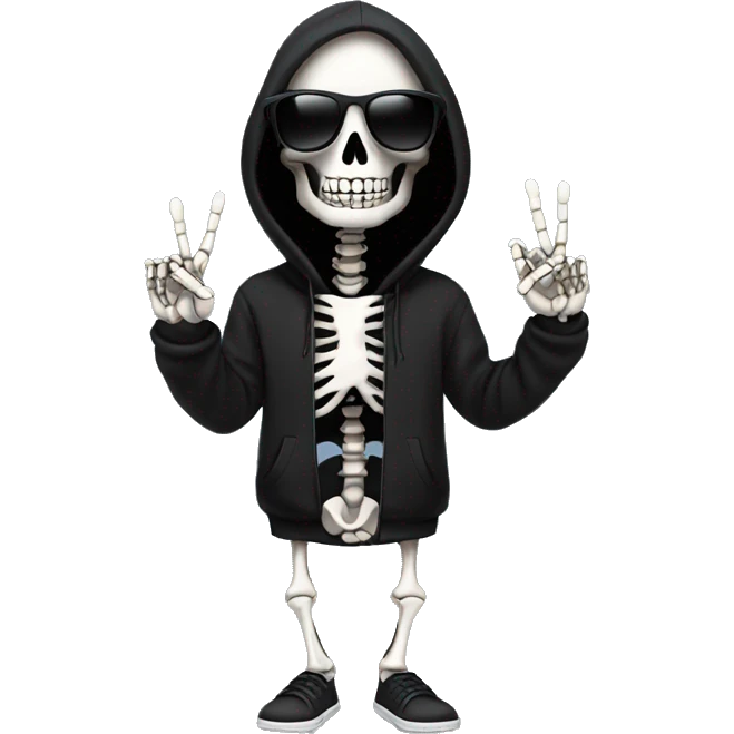skeleton in a black sunglasses and black hoodie holding up the peace sign  emoji