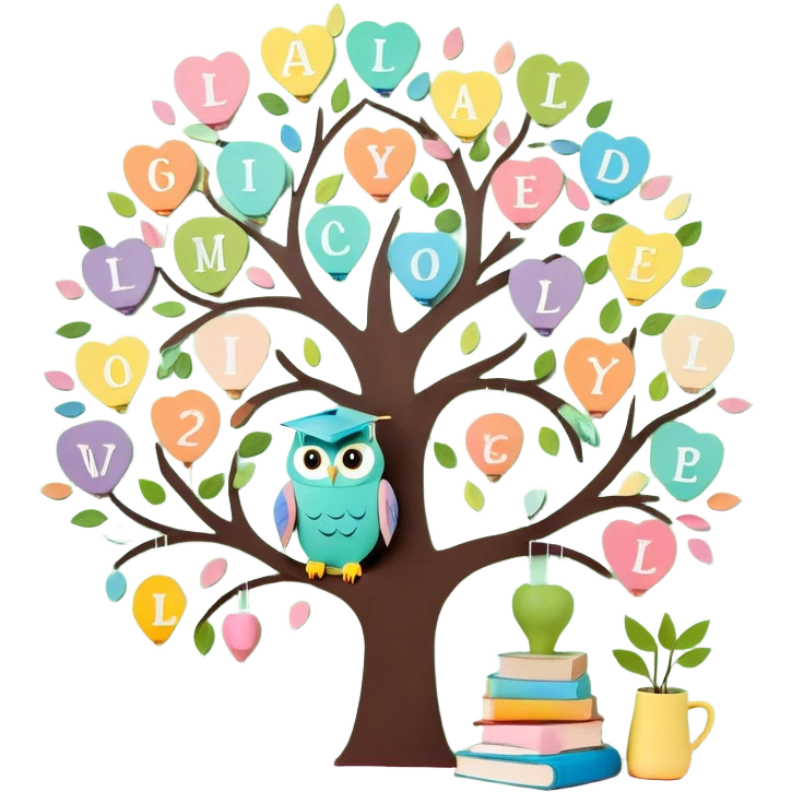 Create 10 minimalist cartoon-style Telegram emojis. Themes: learning, growth, creativity, children’s joy. Include: smiling book, number tree, heart-shaped paints, owl teacher. Colors: pastel with bright accents. No text or tiny details. Keep designs kind and motivational emoji
