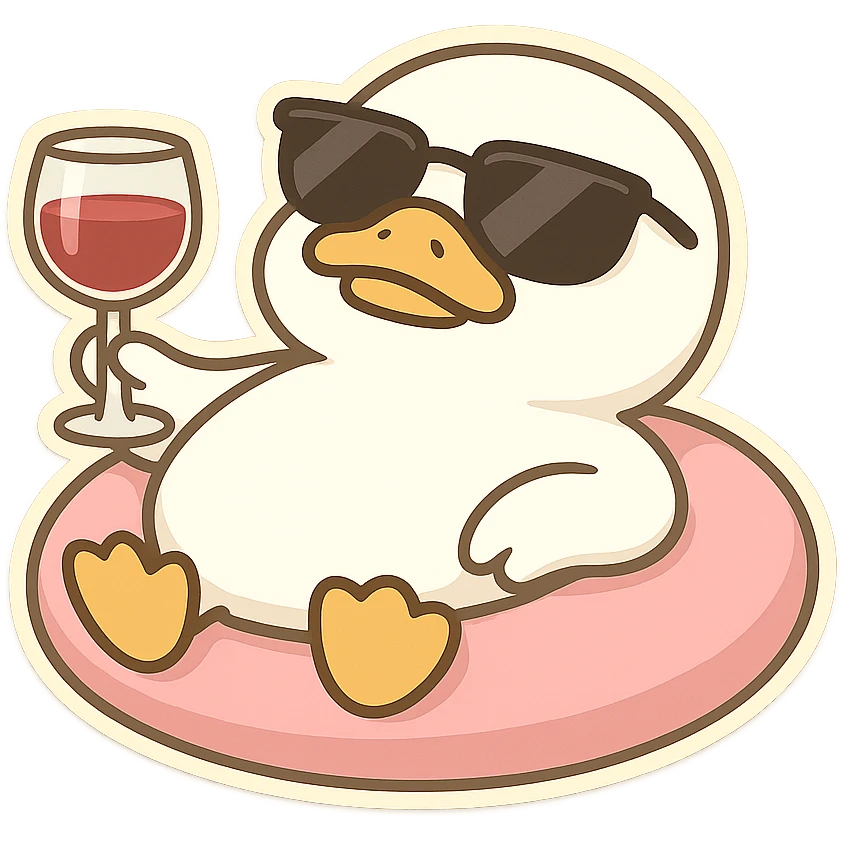 Abstract emoticon package, a white duck lying on a pink swimming ring, wearing sunglasses, holding a red wine glass, with a lazy expression emoji