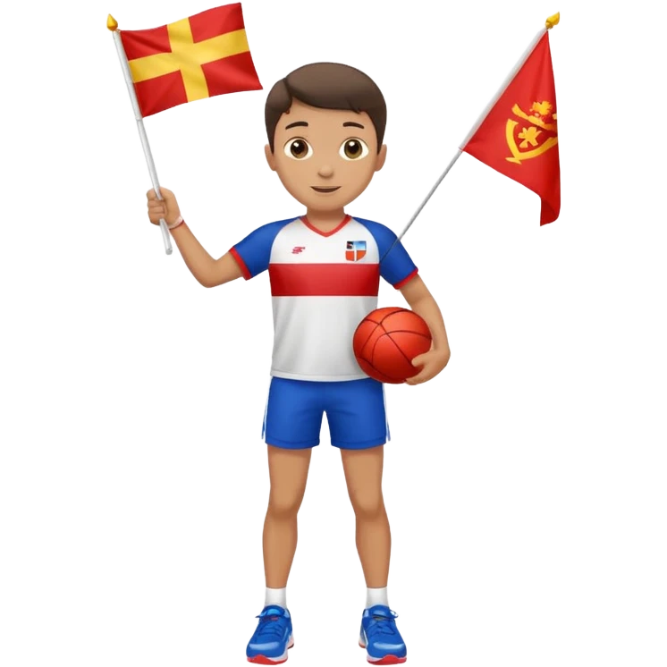 A boy in a jersey, excitedly lifting a small handheld flag and shorts with simple sport shoes emoji