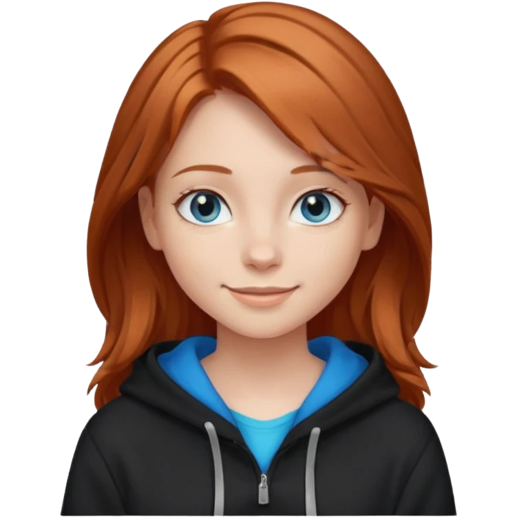 мила дівчинка зі світлим русим волоссям до грудей з голубими очами в чорному худі посміхається emoji