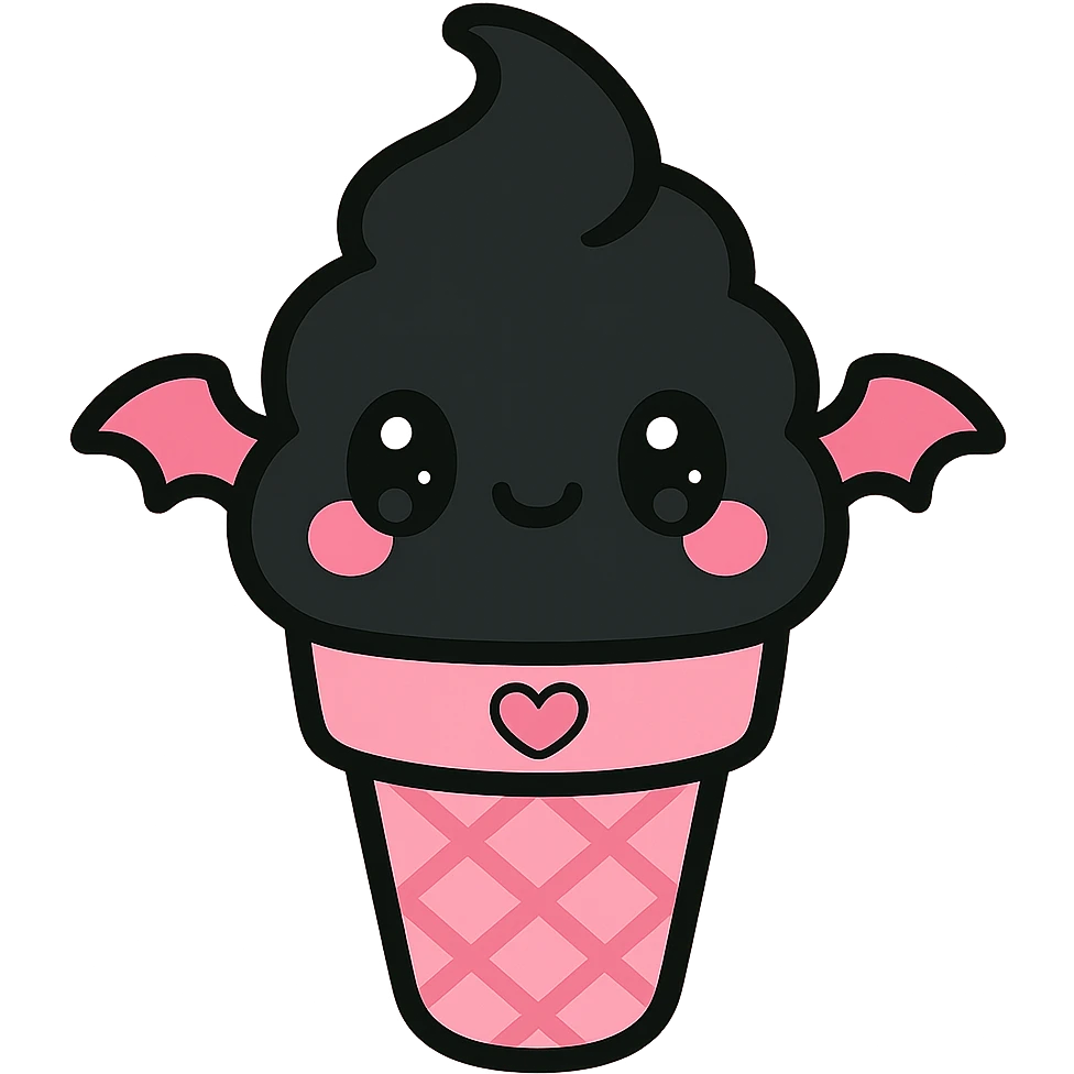 gothic ice cream, black and pink colors, kawaii style emoji