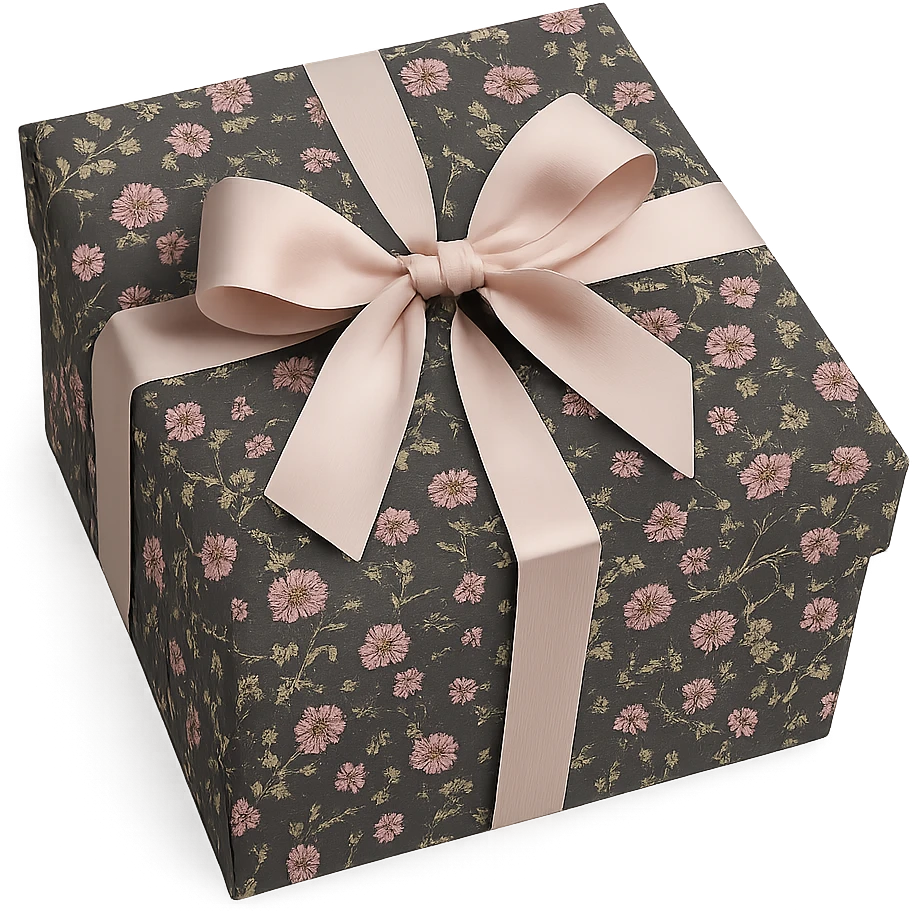 Elegant Rococo pale black pink ditsy floral gift box  , remove background emoji