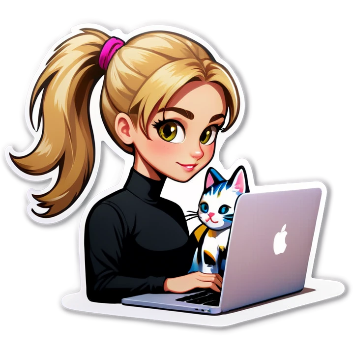 Blonde girl ponytail macBook and a cat emoji