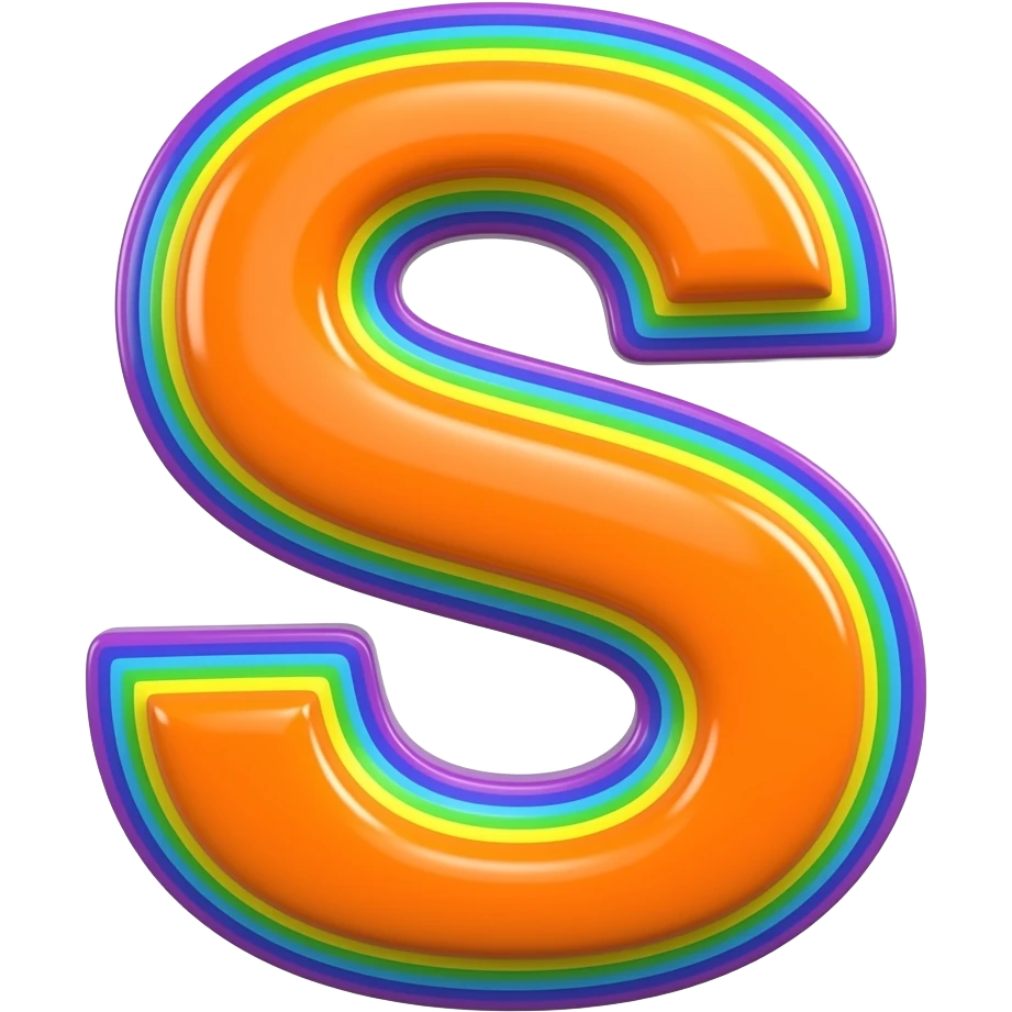 name "s" in neon orange, 3D style typography lettering, each color of the rainbow as a border outlined around each letter, isolated, 3d rendering, no emoji icons no emoji faces and must have no human figures emoji