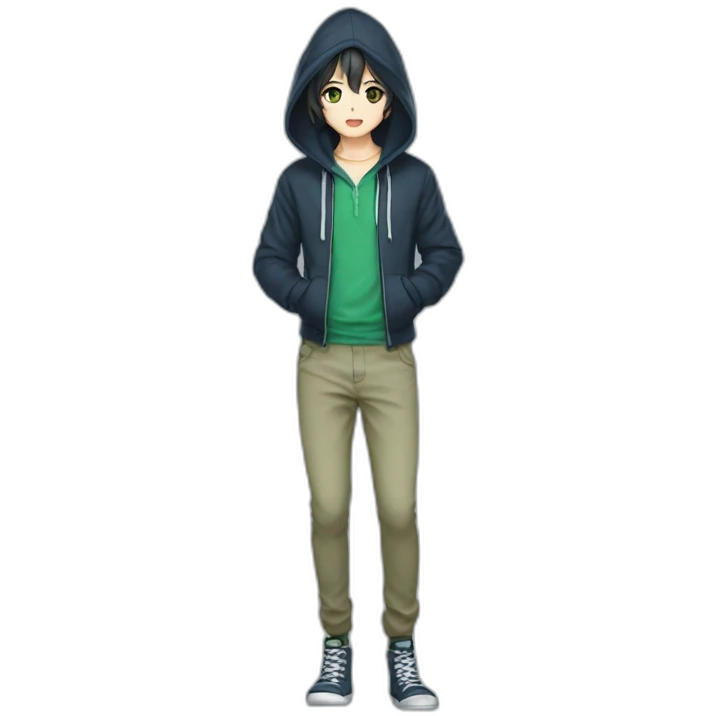 Joven estilo anime con capucha azul, ojos verdes, pantalones negros, cabello cafe  emoji