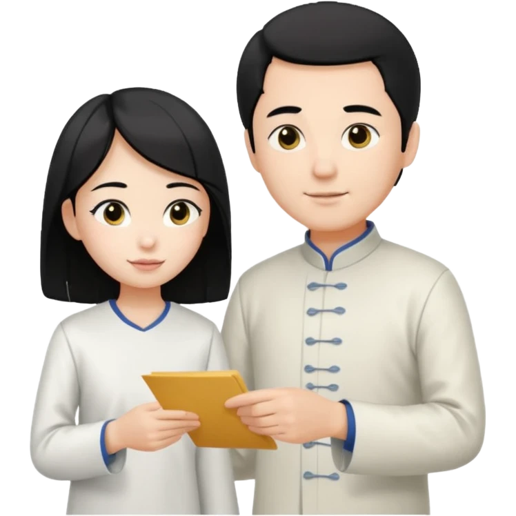 a young student with morden T-shirt and black hair, who is handing letter to a old man official with white hair chinese tunic suit emoji