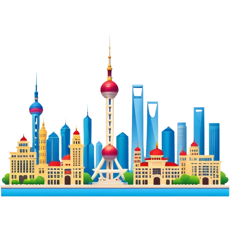 Shanghai The Bund skyline, simplified emoji style with bold outlines and bright colors, cartoon style modern buildings and Oriental Pearl Tower emoji