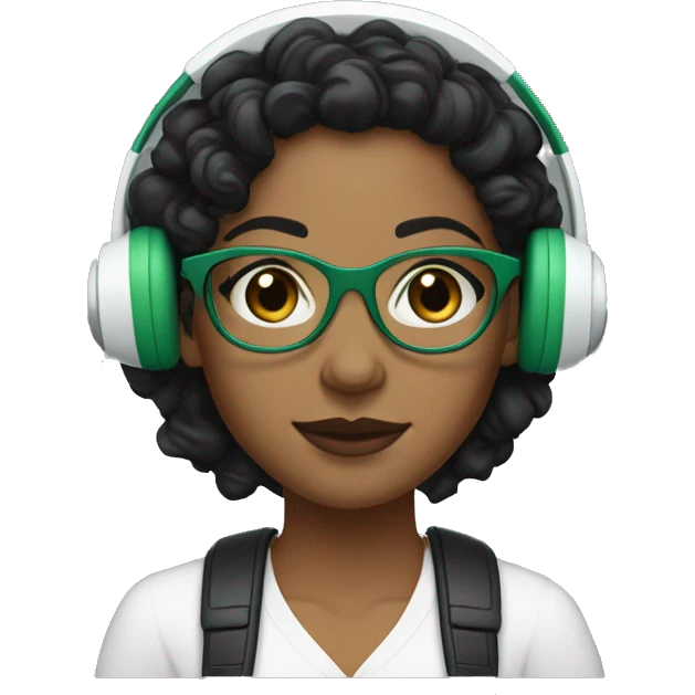 a woman with light brown skin, black eyes and black short curly black hear, wearing white headphones and glasses with a green frame, small freckles emoji