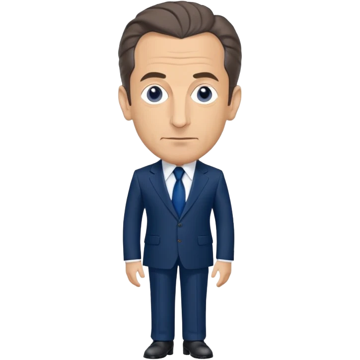figure of Nicolas Sarkozy with an oversized head and small body, standing, wearing a navy suit and blue tie, highly recognizable face, simplified details emoji