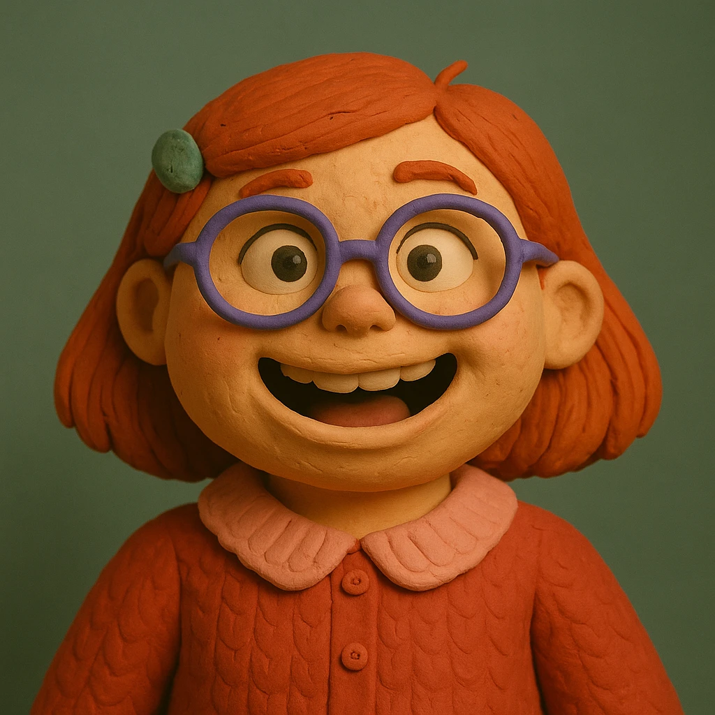 Transform the character Mei Mei from a red panda into a regular human girl, illustrated in the claymation style. Emphasize the matte, plasticine claymation look with visible fingerprints and pastel colors. emoji