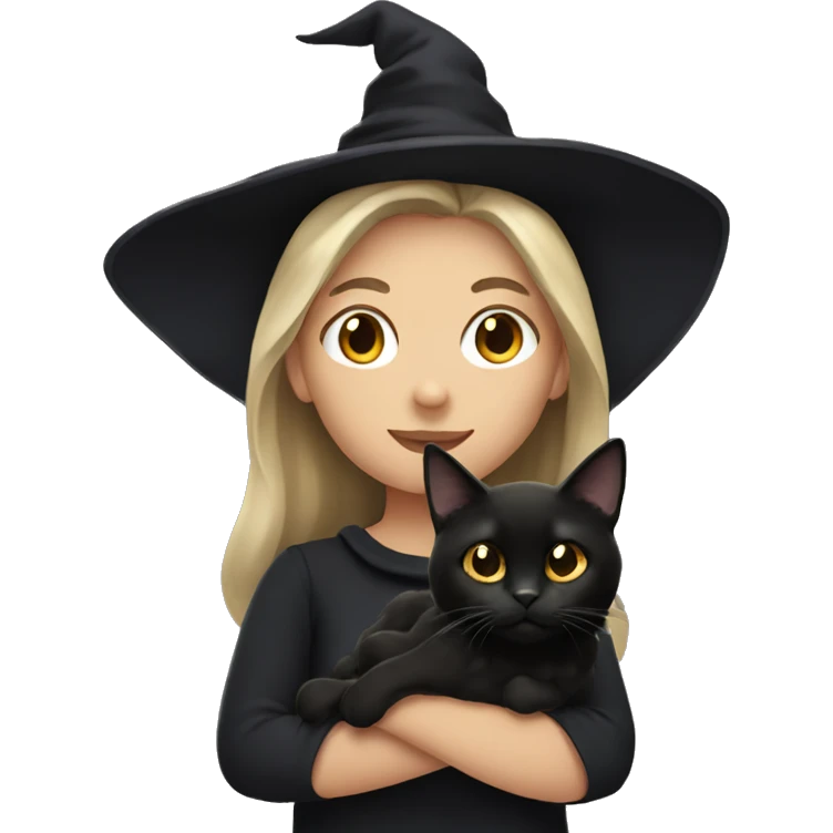 witch with dark blonde hair holding a black cat emoji
