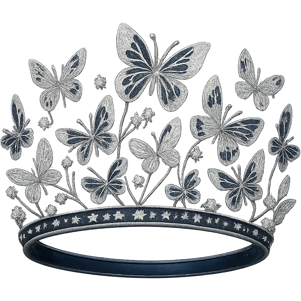 butterfly crown with a midnight blue base, butterflies in silver and navy enamel, sparkling gems, transparent background emoji