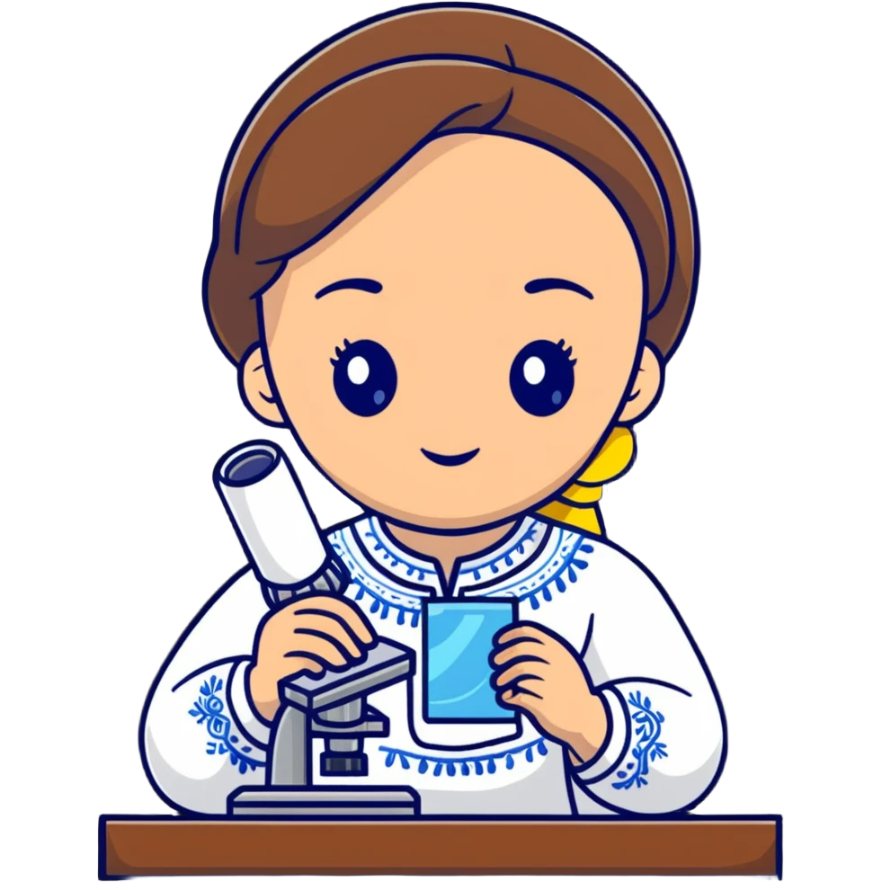 Ukrainian girl in traditional embroidered vyshyvanka shirt holding a microscope emoji