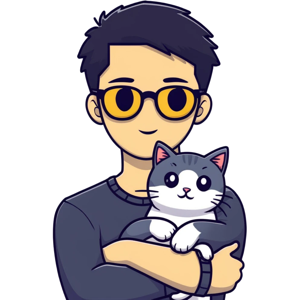A young man with a long face and warm yellow-toned skin, black hair, wearing a pair of black glasses, cradling a grayish-white cat emoji