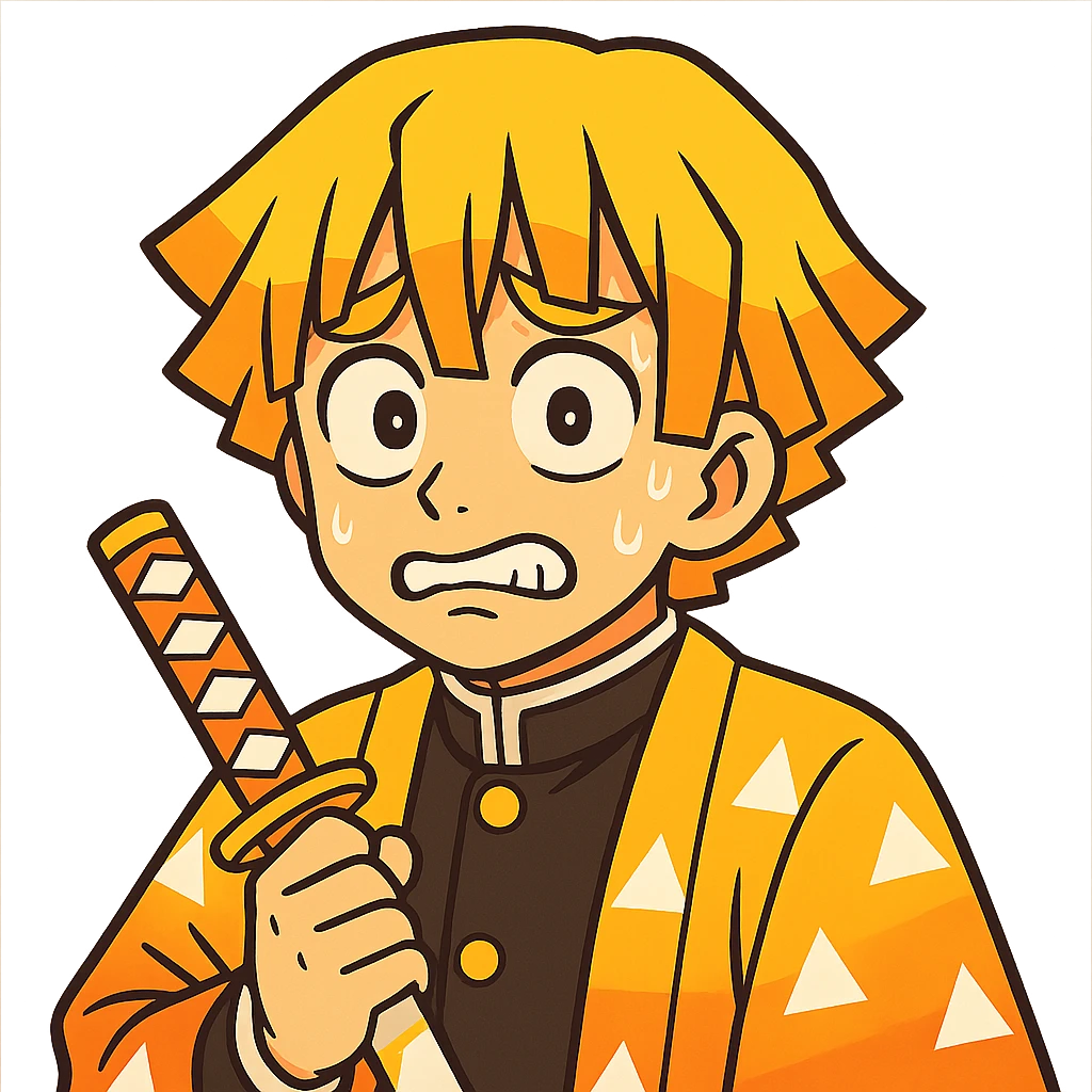 Zenitsu Agatsuma from Demon Slayer, vibrant anime style, yellow hair, orange gradient haori, nervous expression emoji