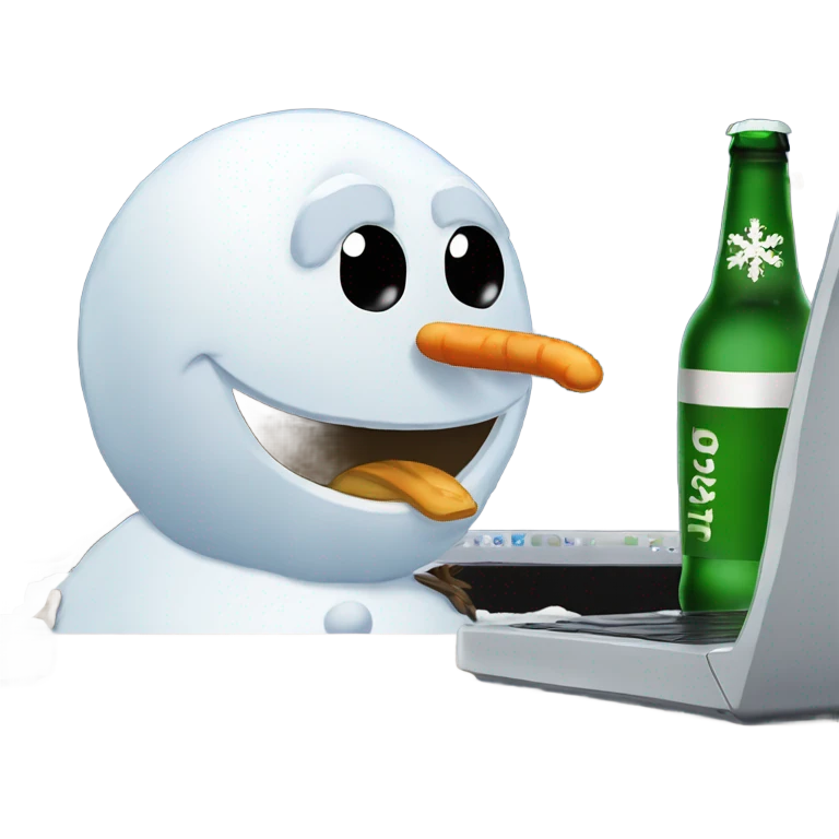 crying Snowman drinking beer at the computer￼￼ emoji