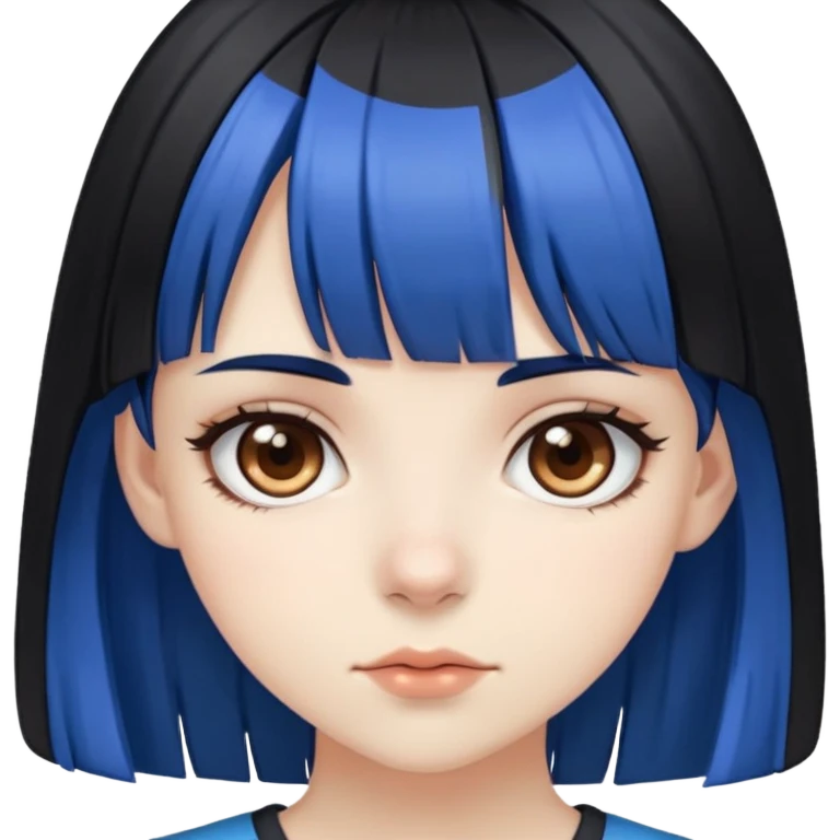 Pale girl with brown eyes, black hair with bangs, with two strips of blue hair emoji
