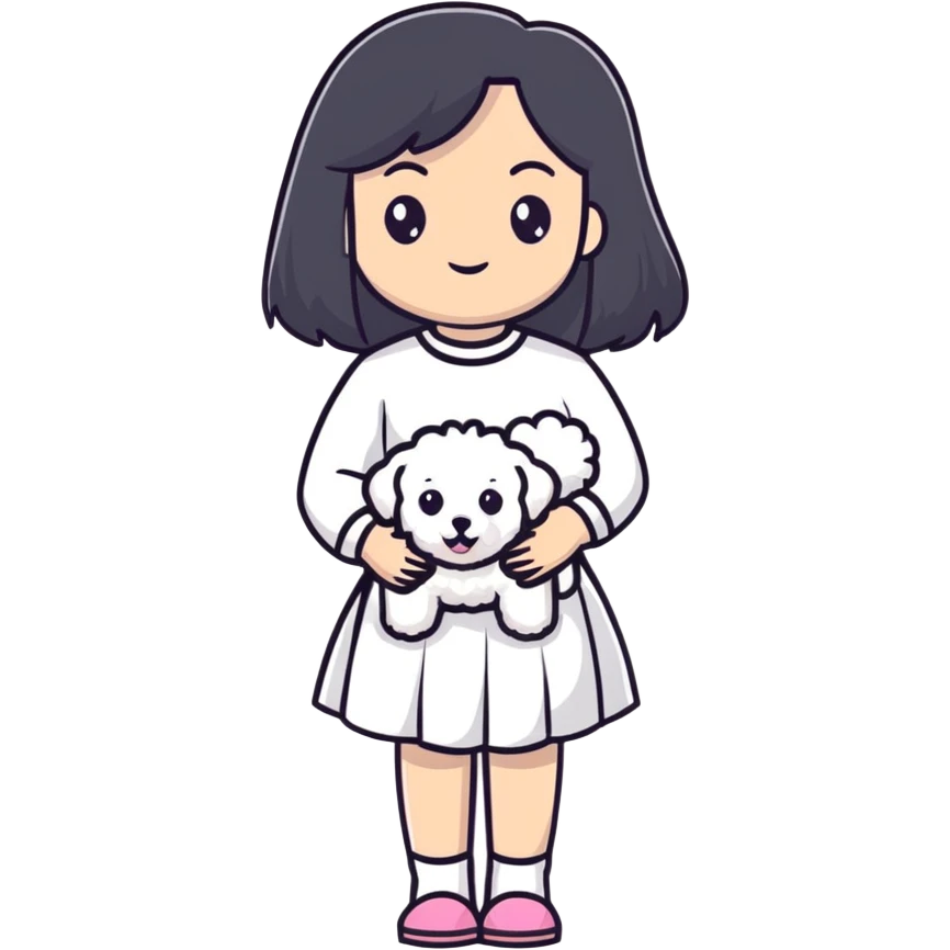 A beautiful girl with long straight black hair wearing a white skirt holding a small white Bichon Frise emoji