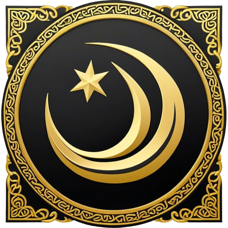 Golden patterned circle with vertical band on a black flag background. Include "Allahu Akbar" in Arabic script. ، like ths 🏴 emoji