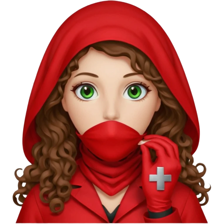 Lilith symbol sexy evil woman. She has green eyes.  had brown long curly hair.  evil surgeon kills with scalpel wears red sexy doctor coat with red mouth cover red gloves. Covers nose, neck  and mouth with Muslim red berka emoji
