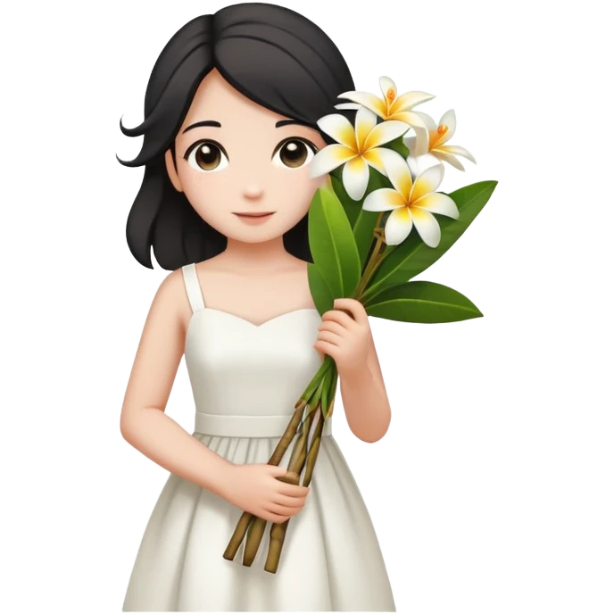  A girl with a black half-up half-down hairstyle, and a white dress, enjoying the spring breeze.Holding a bundle of frangipani emoji