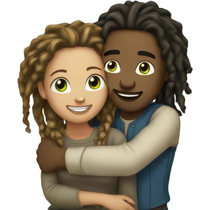 Man with dreadlocks hugging woman with a green eyes and light skin and brown hair emoji
