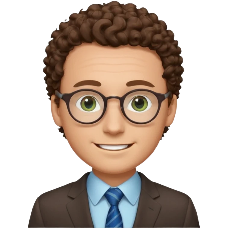 The face of a white man, with blue/green eyes, a large forehead, small and thin round glasses, curly brown hair, wearing a suit, and smiling emoji