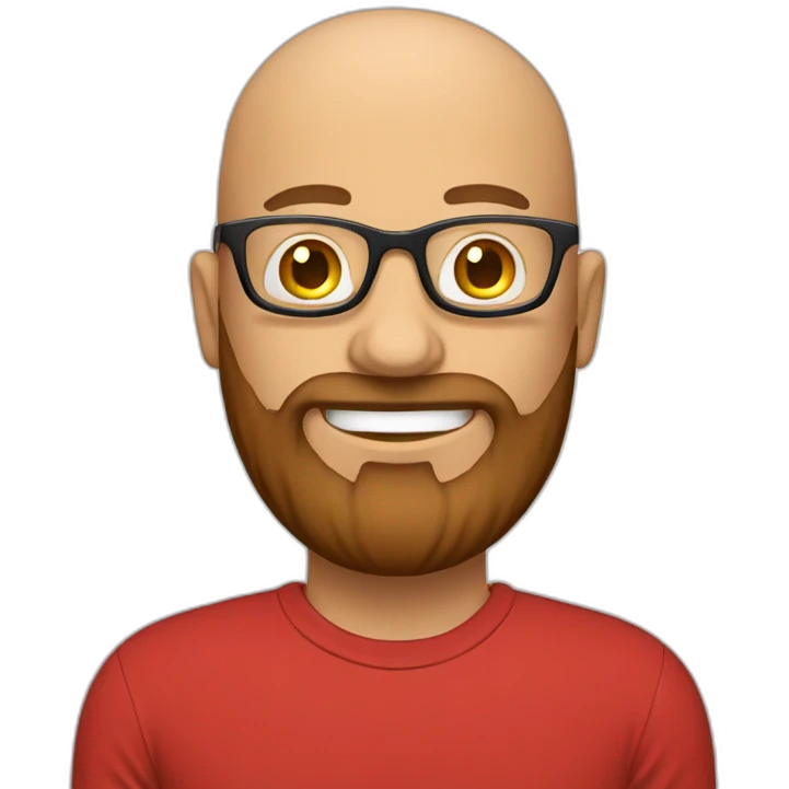 Bald man smiling with glasses and big brown beard with. Wearing red t shirt emoji
